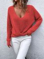 SHEIN LUNE Solid Color Wrap Around Back Hollow Out Knit Sweater With Flounced Hem