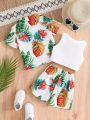 Baby Girl's Holiday Style Comfortable Casual Short-Sleeved Shirt, Laser Printed Vest, Loose Printed Shorts 3pcs/Set