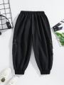 SHEIN Kids Cooltwn 1pc Young Boys' Casual Comfortable English Pattern Color Block Pants With Decorative Seams