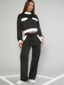Minami Contrast Trim Drop Shoulder Crop Sweatshirt & Drawstring Waist Pants