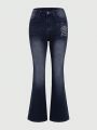 ROMWE Kawaii Skull Rhinestone Decor Flare Jeans