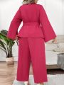 SHEIN Privé Plus Split Sleeve Belted Blazer & Wide Leg Pants