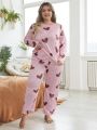 Plus Size Heart Printed Long Sleeve Pajama Set