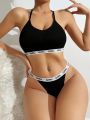 Letter Print Bra & Panty Set With Woven Band