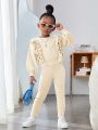 SHEIN Kids Cooltwn Toddler Girls' Lotus Edge Sweater And Long Pants Two-piece Set