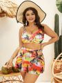 SHEIN Swim Vcay Plus Size Tropical Printed Bikini Set With Cross Detailing + Swim Skirt