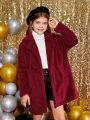 SHEIN Kids EVRYDAY Tween Girl Double Button Lapel Collar Fleece Coat