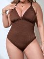 SHEIN Swim Basics Plus Size Deep V-Neck Crisscross Back One-Piece Swimsuit