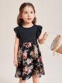 SHEIN Kids EVRYDAY Toddler Girls Floral Panel Ruffle Trim Dress