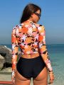 SHEIN Swim SPRTY Flower Print Splice Top With Solid Color Triangular Pants Bikini Set