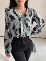 DAZY Women'S Floral Print Loose Long Sleeve Blouse