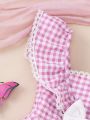 Baby Girl Plaid Patchwork Ruffle Hem Dress With Bow Decoration, Princess Bubble Dress