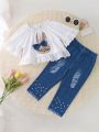 SHEIN Kids CHARMNG Toddler Girls' Fashionable Vintage Style Cute Embroidery Pattern Short Sleeve Lace Top And Denim Printed Pants Summer Outfits