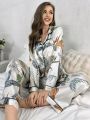 Women's Plant Printed Collar Imitated Silk Pajama Set