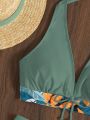 SHEIN Swim Summer Beach Random Leaf Print Bikini Set Tie Front Halter Bra & Dolphin Shorts 2 Piece Bathing Suit