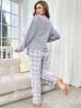 Plush Solid Color Long Sleeve Top And Plaid Pants Homewear Set