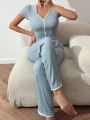 Women'S Lace Patchwork Mesh Short Sleeve Top & Pants Pajama Set