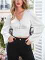 SHEIN Frenchy Women Elegant Short Top With Lace Spliced Collar, Bell Sleeves, Front Tie, And Button Details, Suitable For Wearing For Valentine's Day, New Year, And Christmas