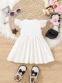 SHEIN Baby Girls' Casual Solid Color Short Sleeve Waist-controlled Dress With Lace Trim