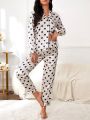 Heart Print Contrast Piping Satin PJ Set