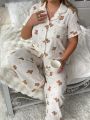 Plus Size Bear Printed Lapel Collar Pajama Set