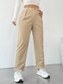 SHEIN PETITE Solid Color High-Waisted Straight-Leg Pants