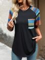 Contrast Color Raglan Sleeve Casual T-Shirt