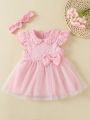 Baby Jacquard Ruffle Sleeve Bow Mesh Hem Dress & Headband