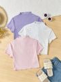 SHEIN Kids EVRYDAY Tween Girls' Trendy Slim Fit T-Shirt With Stand Collar & Hollow Out & Jacquard Design, Pack Of 3