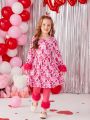 SHEIN Kids CHARMNG Little Girls' Romantic Lady Style Love Heart Printed Mesh Patchwork Dress With Leggings, 2pcs/Set