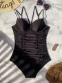 Black Sexy Padded Shoulder Strap One-piece Swimsuit