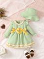 Baby Girl Ruffle Trim Flounce Sleeve Bow Front Dress & Hat