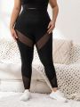 Daily&Casual Plus Size Women's Mesh Panel Workout Leggings With Color Blocking