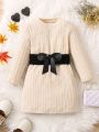 Toddler Girls' Elegant & Comfortable Jacquard Round Neck Long Sleeve Dress With Contrast Leather Belt, Autumn/winter Season