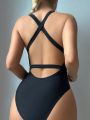 SHEIN Swim BAE Women's Solid Color Crisscross Backless One-piece Swimsuit