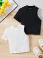 SHEIN Kids EVRYDAY Toddler Girls' Knitted Solid Color Stand Collar Sleeveless Joint Casual T-Shirt 2pcs/Set