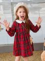 SHEIN Kids QTFun Young Girl Tartan Print Peter Pan Collar Flounce Sleeve Dress