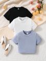 SHEIN Kids EVRYDAY Toddler Girls' Solid Color Short Sleeve T-shirt, Multi-pack For Casual Wear In Autumn