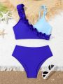 Girls' Two-tone Ruffle Swimsuit With Separated Top And Bottom