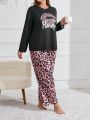 Plus Size Lip & Letter & Leopard Print Pajama Set