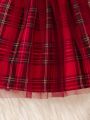 SHEIN Girls Baby Tartan Print Bow Front Mesh Overlay Dress