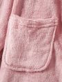 SHEIN Tween Girls' Knitted Solid Color Hooded Loose Fit Long Bathrobe With Double Patch Pockets For Home Wear