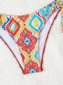 SHEIN Swim BohoFeel Women'S U-Shaped Metal Buckle Decorative Bra And Drawstring Side Triangle Panties Bikini Bathing Suit Set