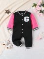 Infant Girls' Color Block Letter Pattern Striped Trim Romper