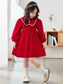 SHEIN Kids Nujoom Young Girl Contrast Binding Button Front Lantern Sleeve Dress