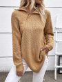 Solid Zip Up Drop Shoulder Asymmetrical Hem Sweater