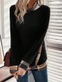 Contrast Plaid Trim Cowl Neck Sweatshirt