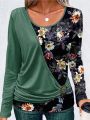 Plus Size Women's Floral Print Pleated T-shirt