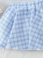 Baby Girls' Spring/Summer Simple Gingham Pattern Short Sleeve Top, Camisole Top And Skirt 3pcs Outfit