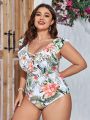 SHEIN Swim Vcay Plus Size One Piece Swimsuit With Random Tropical Print And Ruffle Trim